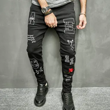 2023 Новые мужские джинсы с буквами, черные, тонкие, стрейчевые, трендовая уличная одежда, мужская мода, Рваные джинсы большого размера