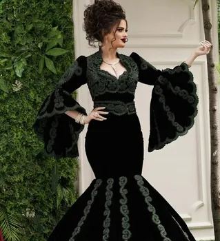 2023 Традиционные Вечерние платья Русалки черного цвета с аппликациями в косовоалбанском стиле, платья для выпускного вечера с расклешенными длинными рукавами.