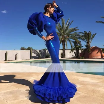 2023 Элегантное Королевское синее платье Русалки для выпускного вечера С длинными рукавами и круглым вырезом, вечерние платья в цыганском стиле с пайетками