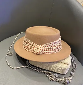 202308-2508937 ins шикарная винтажная лента в горошек, зимняя шерстяная фетровая шляпа с маленькими полями, британская женская фетровая шляпа, женская панама, джазовая шляпа