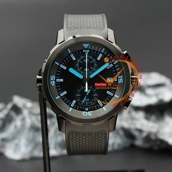 379504 Мужские часы Miyota с кварцевым хронографом 44 мм DLC, полностью черные, с синим циферблатом, резиновые Puretime 2023, роскошные, абсолютно новые секундомеры