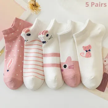 5 Пар женских коротких носков-трубочек, Розовый кот, тонкие носки Four Seasons, милые носки-лодочки, топ Ins, модные носки