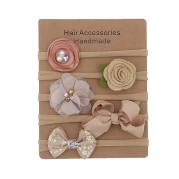 5 шт./лот, повязка на голову с искусственным цветком, Эластичная нейлоновая лента для волос для новорожденной девочки