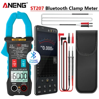 ANENG ST207 Цифровой мультиметр Bluetooth, Клещевой измеритель, 6000 отсчетов, Тестер Истинного среднеквадратичного переменного напряжения переменного тока, Гц, Емкость Ом