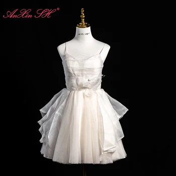 AnXin SH princess белое кружевное платье на бретельках, расшитое бисером, с большим цветком, со стразами, на шнуровке, короткое вечернее платье, Маленькое белое платье