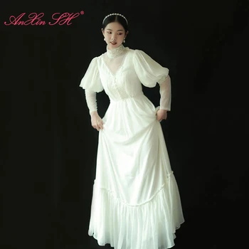 AnXin SH белое цветочное кружево французская принцесса с высоким воротом, жемчуг, иллюзия, длинный рукав, оборки, молния, старинное свадебное платье трапециевидной формы