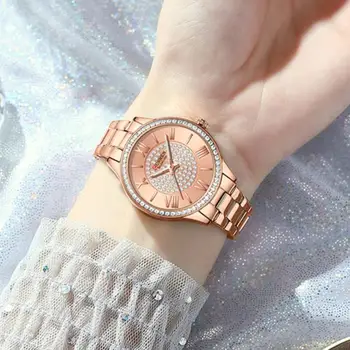 CURREN, лидирующий бренд, модные часы с розовым циферблатом из страз и ремешком из нержавеющей стали, новые кварцевые наручные часы для женщин
