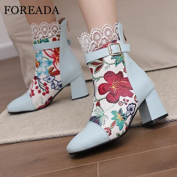 FOREADA / Женские ботильоны с квадратным носком, на толстом высоком каблуке, с пряжкой, с вышивкой, на молнии, короткие сапоги, женская модная обувь, осень-зима