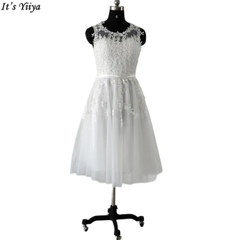 It's Yiiya/ Белые Вечерние платья Из бисера, тюля, С круглым вырезом, Без рукавов, На молнии сзади, Трапециевидной формы, Чайной длины, Плюс размер, Женское вечернее платье LX073