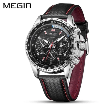 MEGIR Fashion Men Cool Technology Циферблат Многофункциональные часы с хронографом Кожаный ремешок 30 м Водонепроницаемые кварцевые часы Reloj 1010G