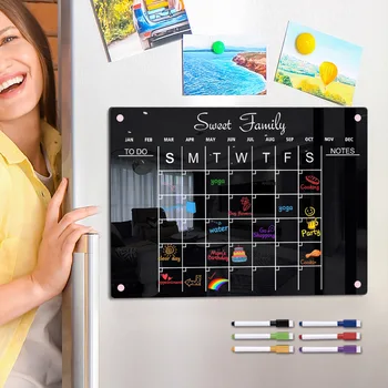 Акриловая наклейка на магнит на холодильник черного цвета, Календарная доска, Планировщик, Магнитный Календарь для холодильника, доска для сухого стирания, список дел, меню