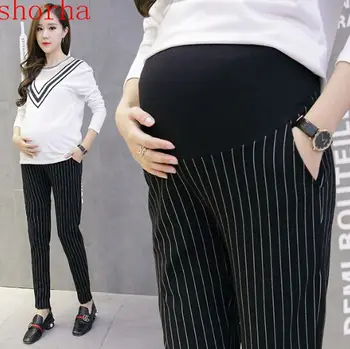 Брюки для беременных в тонкую полоску, хлопковые брюки для беременных, эластичный пояс, брюки-карандаш для беременных, брюки для беременных