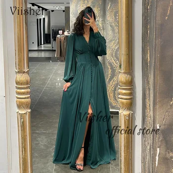 Вечерние платья Viisher зеленого цвета из шифона трапециевидной формы с разрезом, длинным рукавом и V-образным вырезом, вечернее платье, простое женское платье для выпускного вечера
