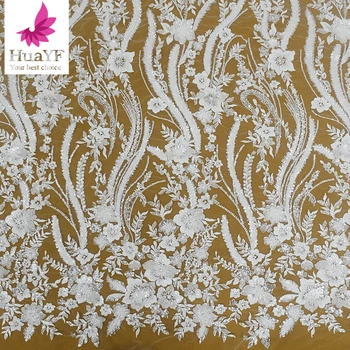 Высококачественная сетка с цветочной вышивкой, блестки, сетчатая ткань, расшитая бисером для белого свадебного платья, 1 ярд кружева HY2220