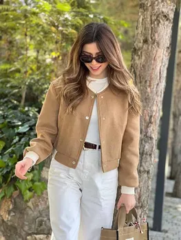 Женская новая модная укороченная куртка с боковыми карманами и круглым вырезом, винтажная женская верхняя одежда на пуговицах с длинным рукавом, шикарная верхняя рубашка