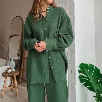 Женская пижама зеленого цвета из 100% хлопка, однобортная рубашка, широкие брюки, комплекты свободной элегантной пижамы для женщин, одежда для отдыха из 2 предметов