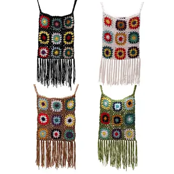 Женская решетчатая вязаная сумка с кисточкой, цветочная сумка для вязания крючком в этническом стиле, богемная мягкая тканая сумка для девочек