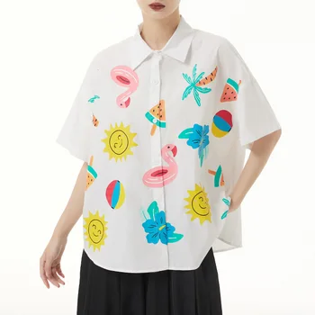 Женская рубашка с короткими рукавами и мультяшным принтом большого размера, свободная блузка с отложным воротником, тонкий летний кардиганФутболка женская