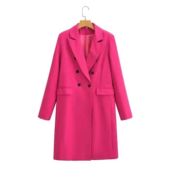 Зимнее женское пальто 2023, Новое повседневное двубортное длинное пальто однотонного цвета, Свободный модный тренд, Элегантный