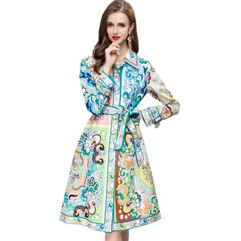 Зимняя одежда Дизайнерский брендовый тренч с принтом и отложным воротником, с длинными рукавами и карманами-прорезями для женщин