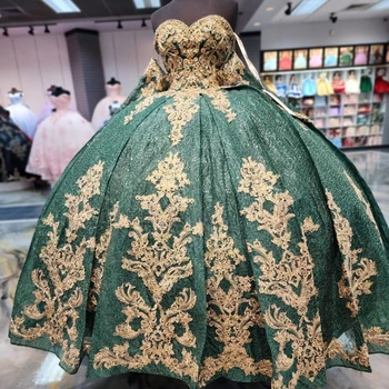 Изумрудно-Зеленое Расшитое Бисером Бальное Платье Quinceanera Dresses Золотая Аппликация Из Бисера Sweet 16 Dress Pageant Dresses Vestidos De 15 Anos
