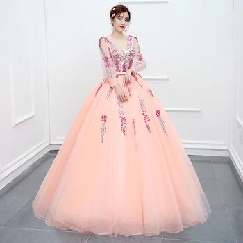 Изысканное Розовое Милое Пышное платье с бантом, Классическое Элегантное Бальное платье С V-образным вырезом, Кружевное Цветочное Платье Принцессы длиной до пола С Длинными рукавами