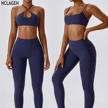 Комплект для йоги NCLAGEN, спортивный костюм для фитнеса, костюм для подтяжки бедер и брюк, леггинсы, сексуальный бюстгальтер, дышащие колготки на бретелях для тренировок.