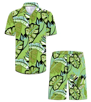 Летние Рубашки со стилетными рукавами для отдыха из двух частей + шорты С 3D-печатью из полиэстера, повседневные футболки с гавайскими зелеными листьями для мужчин, уличная одежда