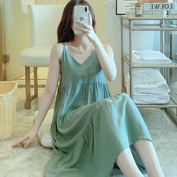 Летняя ночная рубашка-комбинация, женская сексуальная пижама из тонкого вискоза, домашняя одежда, хлопковое шелковое платье Sweet Girl в корейском стиле, одежда для отдыха для женщин