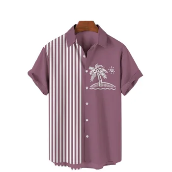 Летняя рубашка в полоску, мужской гавайский повседневный топ с коротким рукавом и принтом, Модная одежда на пуговицах, Одежда оверсайз, Пляжная одежда для отдыха