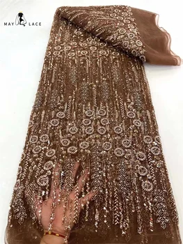 Майское кружево Роскошная Кружевная ткань 2023 Высококачественная Африканская вышивка Жениха бисером Нигерийские Французские блестки Кружевная ткань для шитья