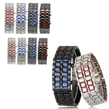 Модные черные цельнометаллические цифровые наручные часы Lava, мужские часы с красным / синим дисплеем, подарки для мужчин, спортивные креативные часы для мальчиков