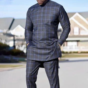 Мужская африканская одежда В стиле Дашики, Мужские Клетчатые Рубашки И брюки, Повседневные костюмы из 2 предметов, Костюмы-кафтаны, Мужская одежда (M-4XL)