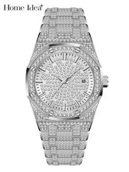 Мужские кварцевые часы в стиле хип-хоп со стразами и бриллиантами, модные наручные часы со скрытой застежкой из сплава