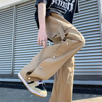 Мужские широкие брюки-карго, дизайнерский Однобортный комбинезон для Хай-стрит, мешковатые брюки, повседневные прямые брюки в стиле хип-хоп, Новые Модные брюки