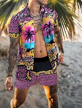 Мужской комплект Рубашек В стиле Ретро С Классическим Цветным Рисунком В Полоску, Удобный Свободный Модный Джокер в Тропических Джунглях, Пляжный Стиль 2023