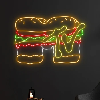 Неоновые Вывески Burger Custom Business Led Light Signature для Уличного Магазина Быстрого Питания, Настенный Декор в Помещении Неонового Ресторана, Кухня, Неоновые Огни