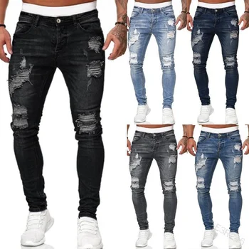 Новые джинсовые мужские брюки с дырками, черные облегающие джинсовые леггинсы
