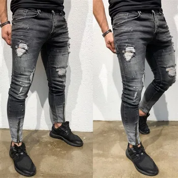Новые европейские и американские мужские джинсы с модными дырками, молодежная одежда, эластичные мужские джинсы с молнией на щиколотке, рваные джинсы