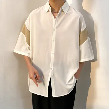 Новый дизайн, мужская летняя Свободная мягкая рубашка, однотонная белая лоскутная одежда для подростков, стильная повседневная одежда для мужчин