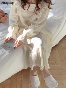 Ночные рубашки Женские Осенние Удобные Свободные в Корейском стиле, прекрасный Простой студенческий квадратный воротник для отдыха, элегантный ретро-дизайн, модный