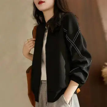 Осень 2023, Новое поступление, женская куртка, бейсбольная куртка, черное пальто, приталенный кардиган на молнии