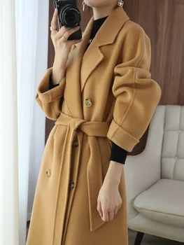 Осень /Зима 2023, Новое модное свободное двустороннее кашемировое пальто средней длины, женское шерстяное пальто силуэта