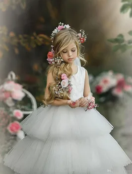 Платье для девочки с цветочным узором из белого многослойного тюля без рукавов с круглым вырезом Свадебное Милое платье для празднования Первого причастия в цветочек