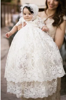 Платья для крещения для маленьких девочек, платье со шляпкой, полное кружево, крещение, вечеринка по случаю дня рождения 1-го года, Белые свадебные вечерние платья принцессы