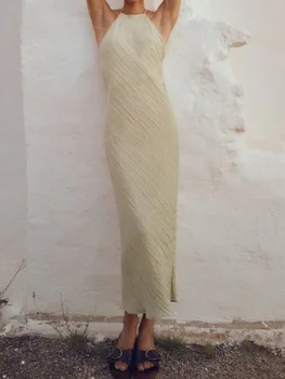 Плиссированные однотонные женские платья Миди 2023 Летние Женские халаты трапециевидной формы на бретелях без рукавов с высокой талией