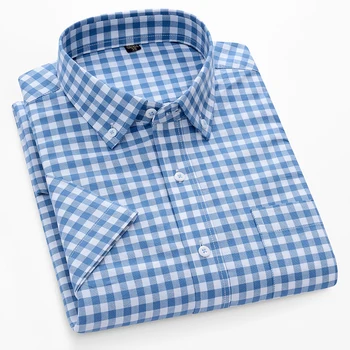 Повседневная мужская рубашка Оксфорд в клетку из 100% хлопка с коротким рукавом и пуговицами