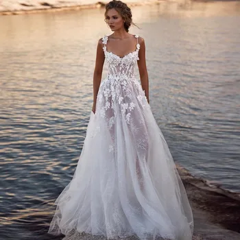 прозрачное простое свадебное платье с цветочным узором на бретельках, сексуальное летнее свадебное платье трапециевидной формы, кружевные белые платья невесты с 3D цветами,