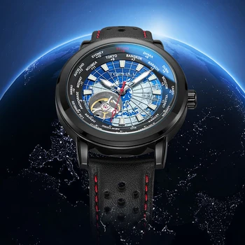 Роскошные Автоматические часы, Мужские Механические наручные часы с мировым часовым поясом TOPHILL, 41-миллиметровые часы-скелет, светящиеся водонепроницаемые часы 2023