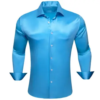 Роскошные шелковые рубашки для мужчин, атласно-голубая Однотонная Мужская блузка с длинным рукавом, Повседневные вечерние топы, Дышащая мода Barry Wang